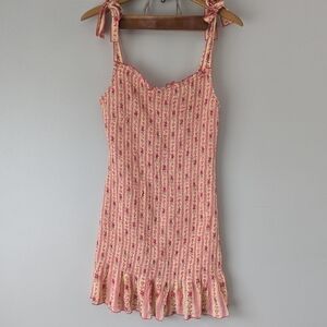 Playa Lucila Dress Womens L Pink Floral Mini Tie Shoulder Smock Stretch Ruffle